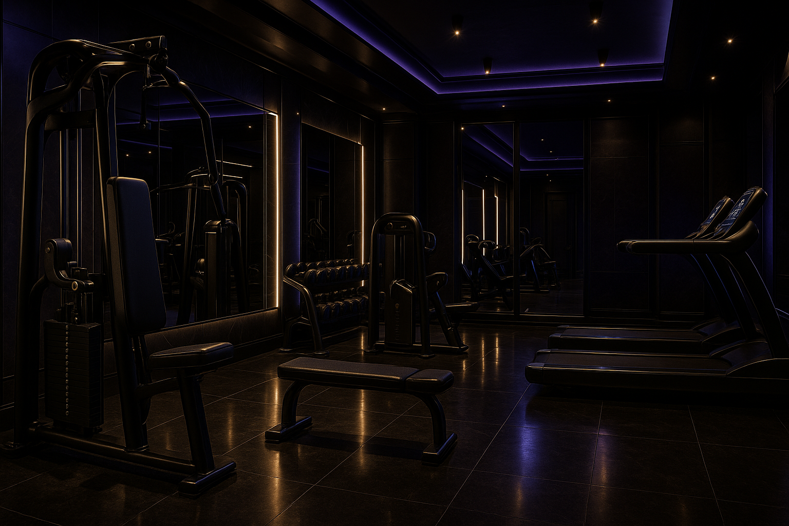 crea un gimnasio bastante lujoso pero que se vea oscuro y muy llamativo